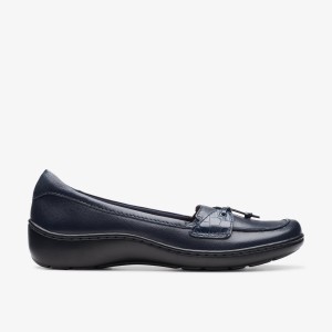 Clarks Cora Haley Navy Leather Kadın Makosen Ayakkabı Lacivert | 82756NGEV